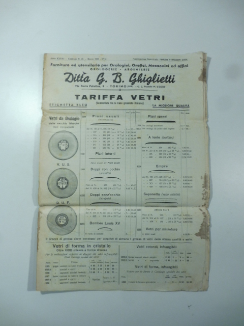 Ditta G. B. Ghiglietti. Torino. Forniture ed utensilerie per orologiai, orefici. Tariffa vetri....Cat. n. 45. Marzo 1939